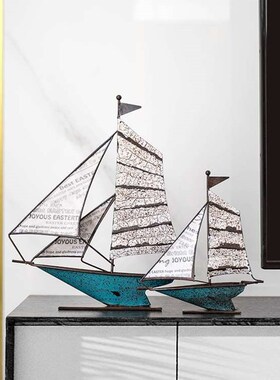 美式复古铁艺帆船模型摆件一帆风顺家居客厅玄关电视柜酒柜装饰品