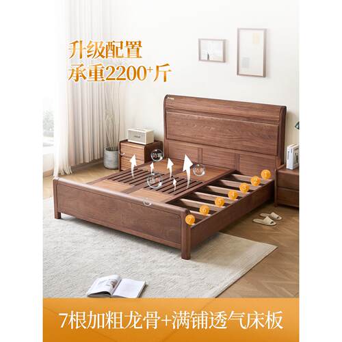 北美黑胡桃木床全实木现代轻奢1.8米双人主卧原木大婚床家具A508 - 图1