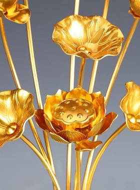 手工鎏金供佛花瓶莲花佛堂彷真花束假花鎏金荷花彩绘家居供佛摆件