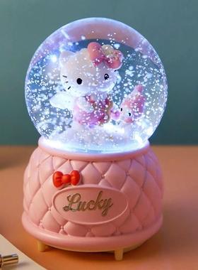粉色儿童生日礼物kt猫送女生朋友闺蜜飘雪发光水晶球音乐盒八音盒