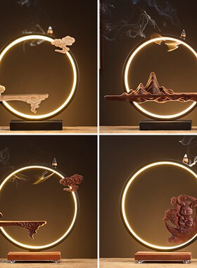 风化木底座摆件可发光灯圈铁艺装饰实木创意新中式客厅家居办公室
