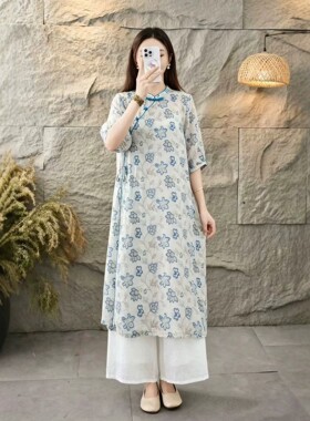 2026夏季新款斜襟苎麻印花盘扣连衣裙文艺宽松系带袍子