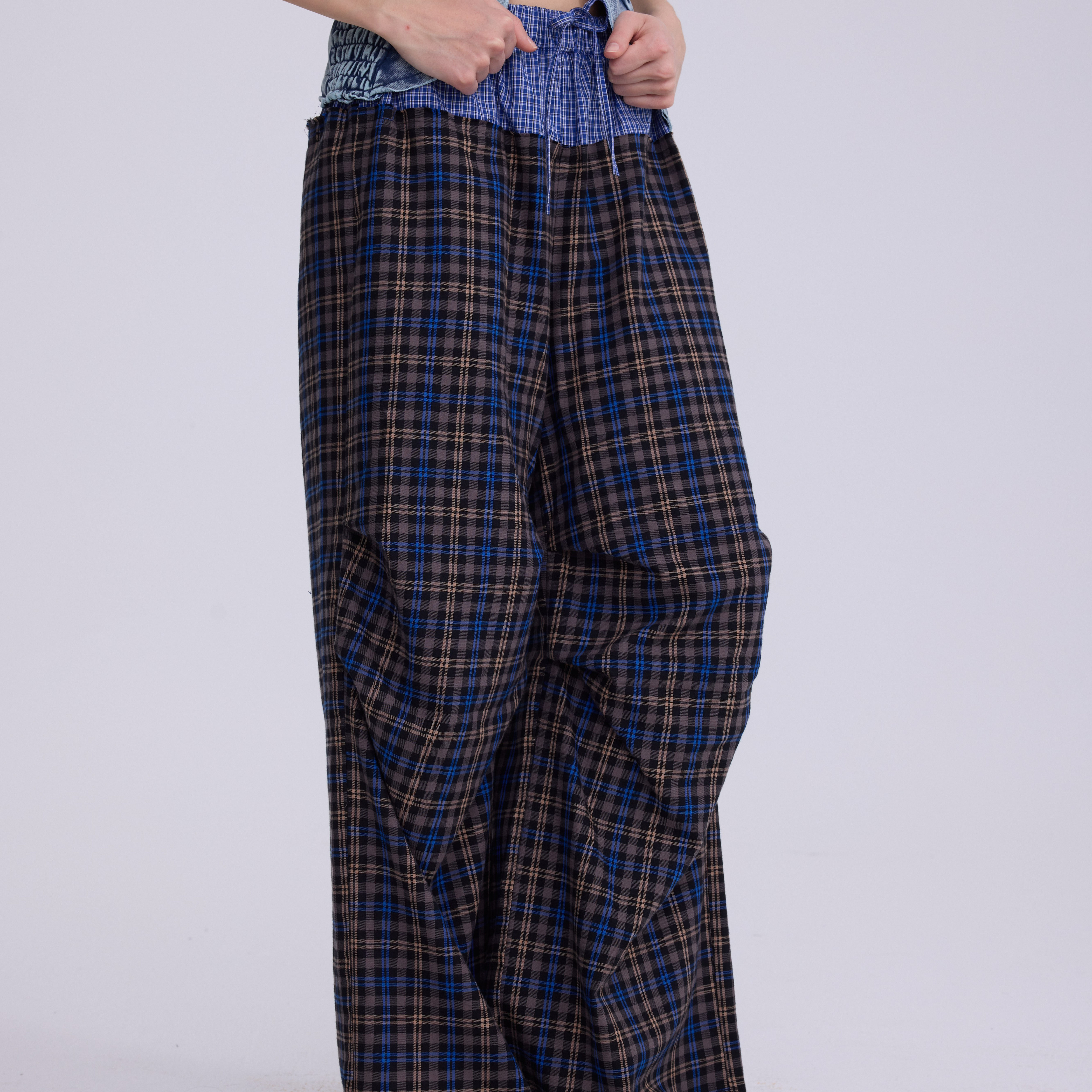 SHAKEITSHAKE复古拼接格纹压褶阔腿休闲裤女春季宽松显瘦长裤子,淘宝优惠券,粉丝福利购,淘宝优惠卷