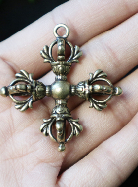 黄铜迷你金刚杵密宗手工降魔杵吊坠十字金刚杵小把玩斧头项链配饰