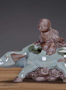 陶瓷牧童老子骑牛摆件创意家居客厅玄关盆栽送子娃娃旺丁财兴装饰