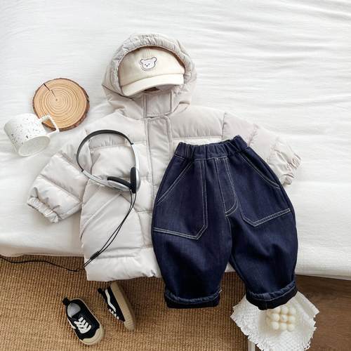 不褪色冬季男女童加绒牛仔裤洋气宝宝百搭加厚保暖防风休闲长裤子 - 图2