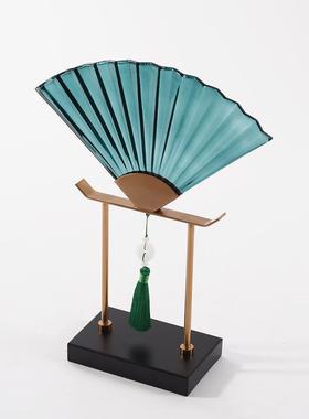新中式绿色玻璃折扇摆件禅意茶室书房古风中国风扇子玄关软装饰品