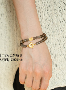 【祥瑞稳财】烟紫玉祥云奇楠沉香蜜蜡双圈手串范李李稳场聚福手链