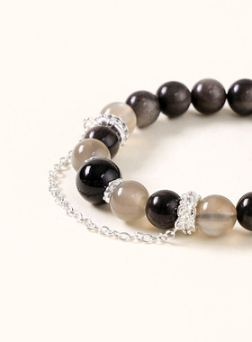 【安心之选】灰月光黑曜石银曜石手串范李李抵负高级暗调守护手链