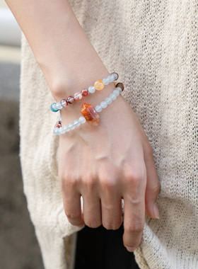 【财源活力】海蓝宝太阳石奇楠红胶花双圈手串范李李好运流动手链