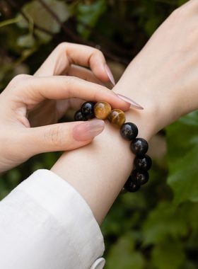 【黑金财气】黑曜石金虎眼水晶手串范李李强力招财男士霸气手链