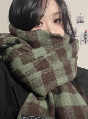 绿色复古格子秋冬围巾女韩系