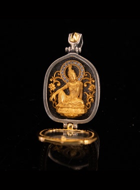 原创设计纯手工纯银镀24k金荷花叶嘎乌盒白钻款吊坠男女节日礼物