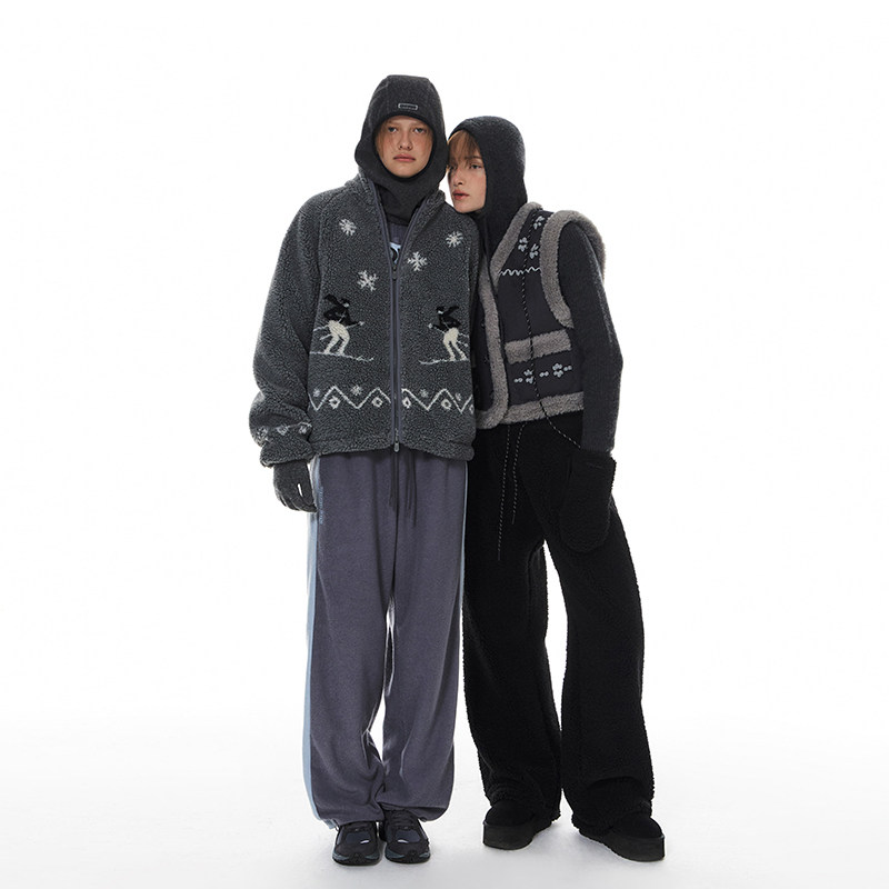 GROVE官方旗舰店冬季新款直筒拼色针织宽松休闲logo字母阔腿裤女 - 图3