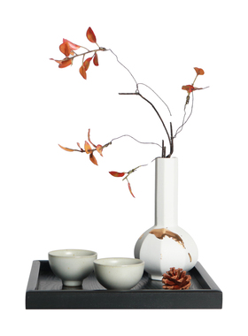 新中式禅意金色陶瓷花瓶托盘组合摆件设茶几书房样板房间软装饰品