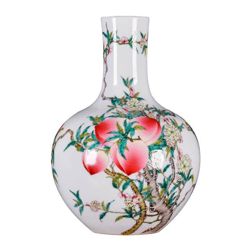 景德镇陶瓷器仿古大号手绘粉彩九桃天球花瓶中式客厅玄关装饰摆件,淘宝优惠券,粉丝福利购,淘宝优惠卷