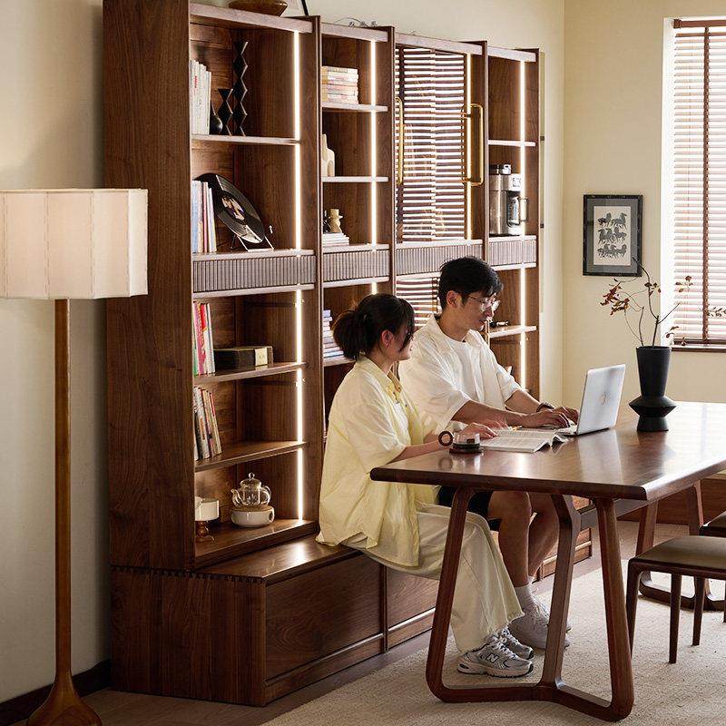 九度空间北美黑胡桃木组合书柜实木一体整墙展示柜卡座客厅储物柜,淘宝优惠券,粉丝福利购,淘宝优惠卷