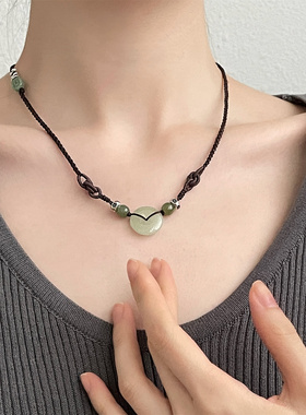 S925银和田玉老型珠玉平安扣翡翠铜钱编绳项链 N16869