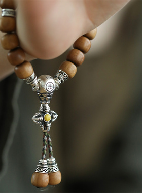 S925银旋转六字真言佛像祥云杵老山檀串珠手链小众 S08777