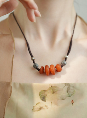 S925银蜜蜡祥云珠莲花星月菩提深咖抽绳项链 N16609