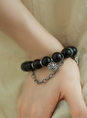 S925银黑檀木环和田玉双面吞金兽弹力手串 S08471