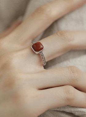 新年红方糖镂空戒指925银气质