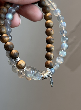 S925银灰月光圆珠奇楠沉香元宝弹力双圈手串 S08711