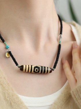 S925银扎基拉姆松石黑玛瑙天珠抽绳项链N13748