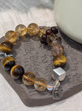 虎眼石圆珠带点白棉黄水晶弹力手串 S09602