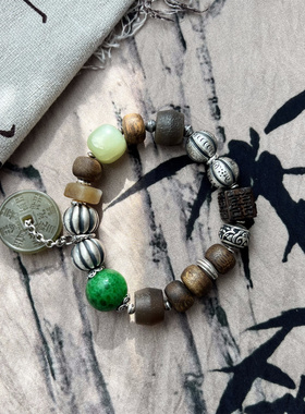 S925银 奇楠沉香和田玉山鬼色糖色和田玉手串 S08945