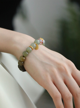 S925银和田玉渐变老型珠天珠扎基弹力绳手串 S08722