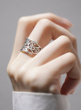 S925银镂空枝条花朵戒指女个性小众设计国潮风 J08365