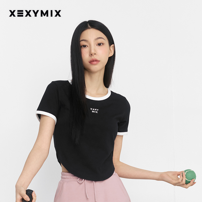 xexymix杰克茜 女撞色边前胸logo刺绣短袖T恤网球休闲 XFK2TS1105 - 图0