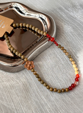 【看尽长安花】原创国潮文玩绿檀手串新中式饰品红玛瑙寿山石串珠