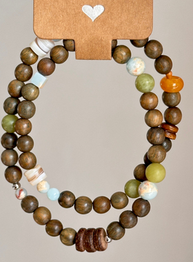 【椿莳】手工绿檀木手串原创国潮文玩新中式寿山石男女款串珠手链