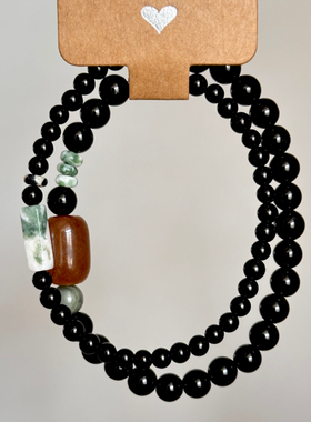 【行舟青山前】原创设计男女款黑玛瑙串珠手链百搭黑色情侣手串