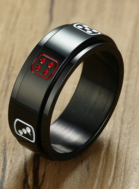 新品上市 设计款 麻将不锈钢可转动骰子内拉沙戒指黑色指环 R-398