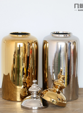 L欧式巴洛克风格客厅装饰品样板房摆件金银色电镀陶瓷储物罐子摆