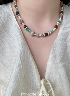 PANACHE 春夏彩色复古天然石串珠项链 手作米珠琉璃锁骨链颈链女