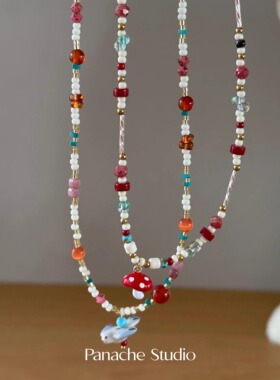 PANACHE 春夏小众彩色天然石米珠串珠项链 可爱手作复古锁骨链女