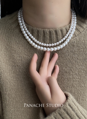 奶油白珍珠项链正圆强光