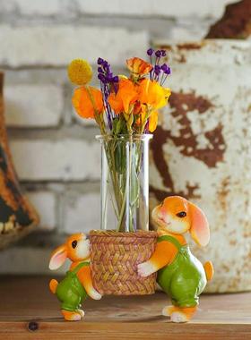 创意可爱兔子摆件动物花器干燥花插玻璃试管水培花瓶花园桌面装饰