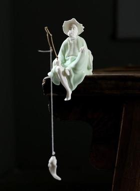 钓鱼摆件姜太公微景观陶瓷钓鱼渔翁人物鱼缸水族箱流水器造景装饰