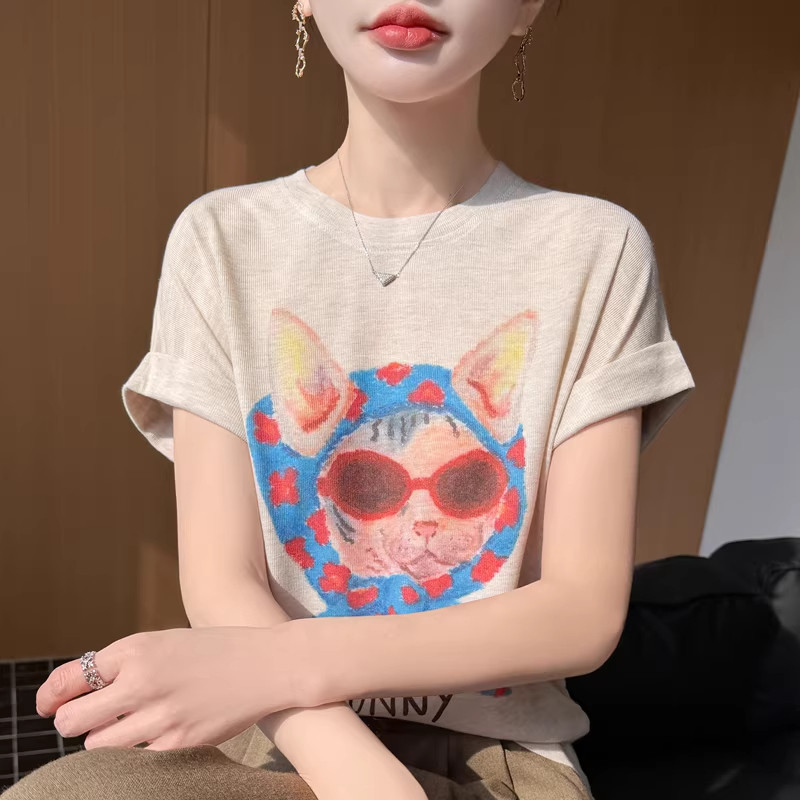 卡通印花短袖T恤女夏宽松圆领显瘦夏季精仿莱赛尔天丝针织衫上衣