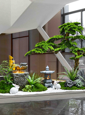 室内假山石流水摆件造景迎客松