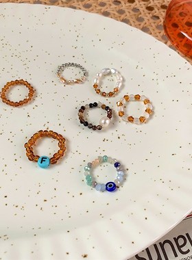 ins风咖啡系戒指水晶串珠珍珠不规则戒指时尚个性复古小众食指戒