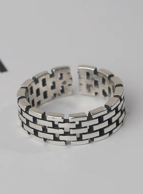 MM时尚复古做旧泰银色S925银男女情侣开口戒指链条多层缠绕十字架