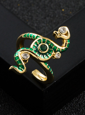 欧美时尚热卖爆款铜镀金微镶锆石蛇形缠绕戒指高级感开口戒指配饰