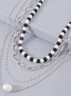 好货-N9819 new multi-layer necklace black and white beads pe