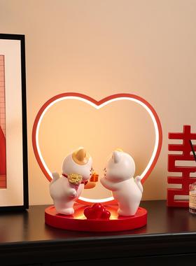 结婚喜庆猫长明灯摆件新人新婚礼物送新娘小众高级轻奢婚房装饰品